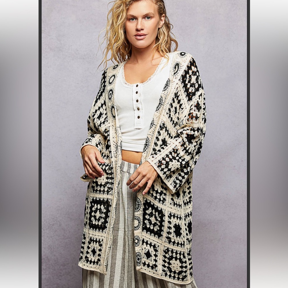 POL Black and Cream Crochet Open Cardigan, New